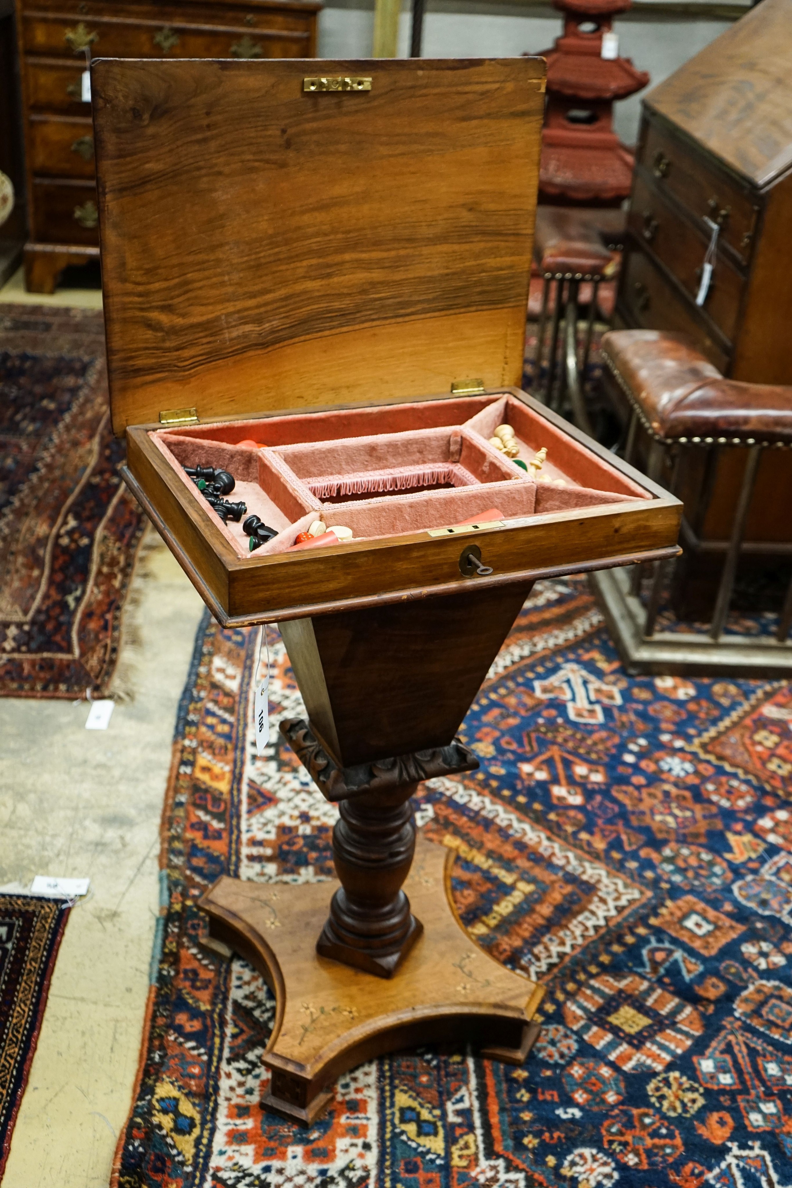 A Victorian parquetry inlaid walnut games / work table, width 48cm, depth 37cm, height 70cm